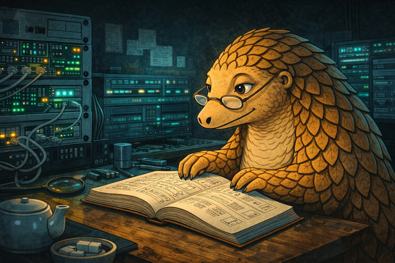 andolin mit Lesebrille studiert ein technisches Buch an einem Schreibtisch, umgeben von blinkenden Servern und einer Teekanne.