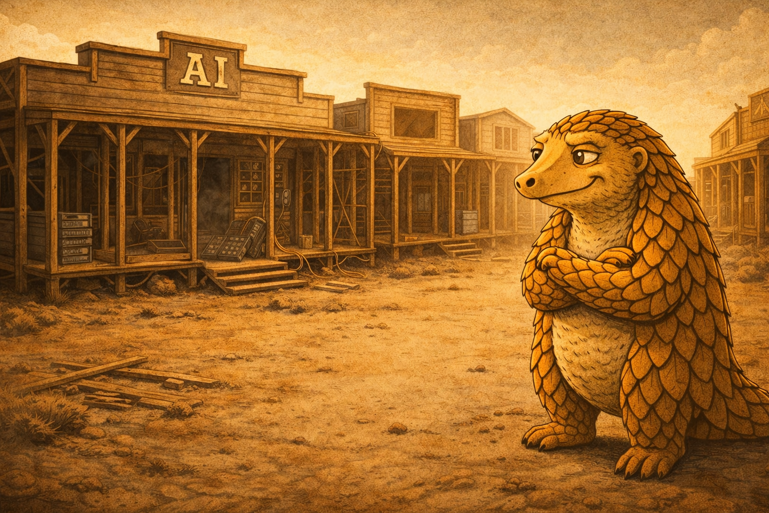 Pandolin steht skeptisch mit verschränkten Armen vor einer verlassenen Hollywood-Western-Kulisse mit einem AI-Schild.