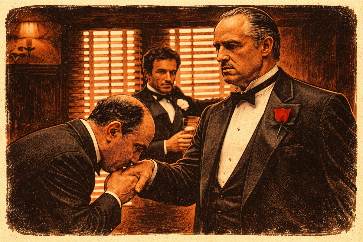 Die Bittsteller reihen sich beim Paten ein und bringen Geschenke - nach Der Pate Teil 1.