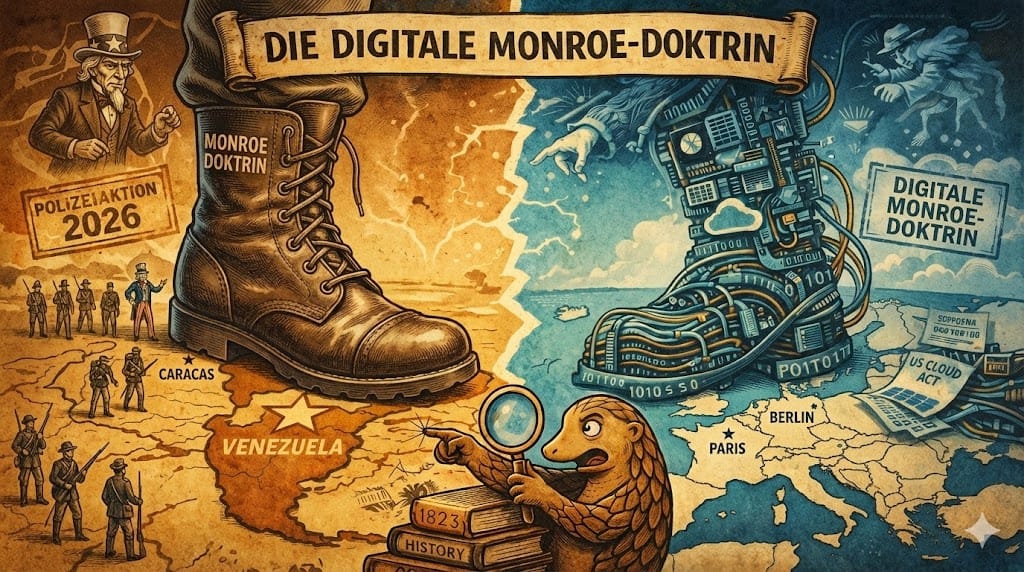 Geteilte Grafik: Links tritt ein Militärstiefel auf Venezuela, rechts ein Kabel-Stiefel auf Europa. Ein Pangolin analysiert die Parallele unter dem Titel „Digitale Monroe-Doktrin“