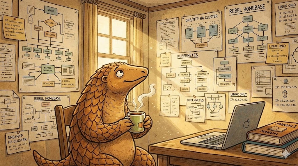 Pandolin sitzt zufrieden mit Tasse vor einer Wand voller IT-Netzwerkpläne und Dokumentationen.