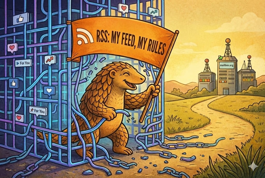 Pangolin bricht aus Käfig aus Social-Media-Icons aus und hält Banner „RSS: My Feed, My Rules“. Im Hintergrund Weg zu eigenständiger Server-Infrastruktur.