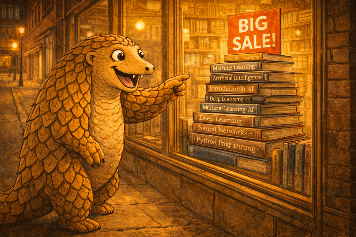 Pandolin steht vor einem Buchladen und zeigt begeistert auf einen Stapel KI-Fachliteratur mit einem BIG SALE-Schild.